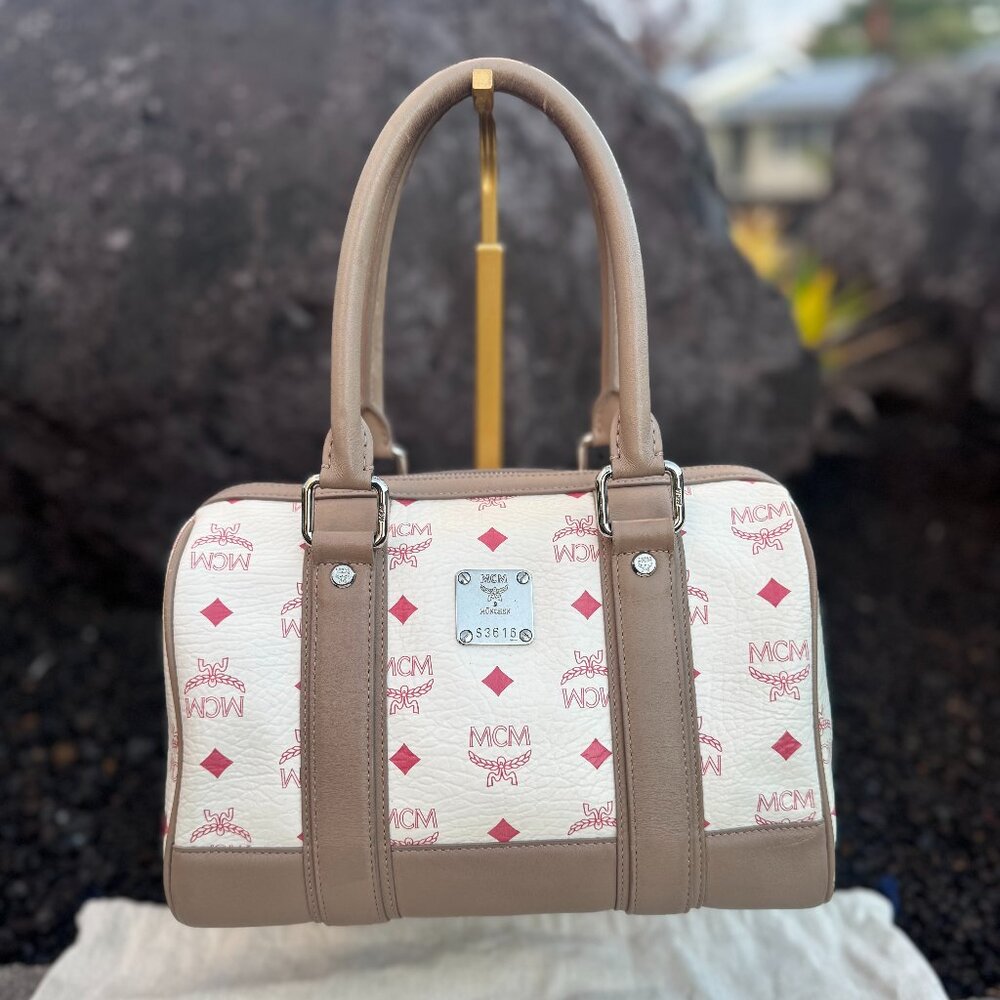 MCM Vintage Boston Satchel Bag White/Red Logo with Charms